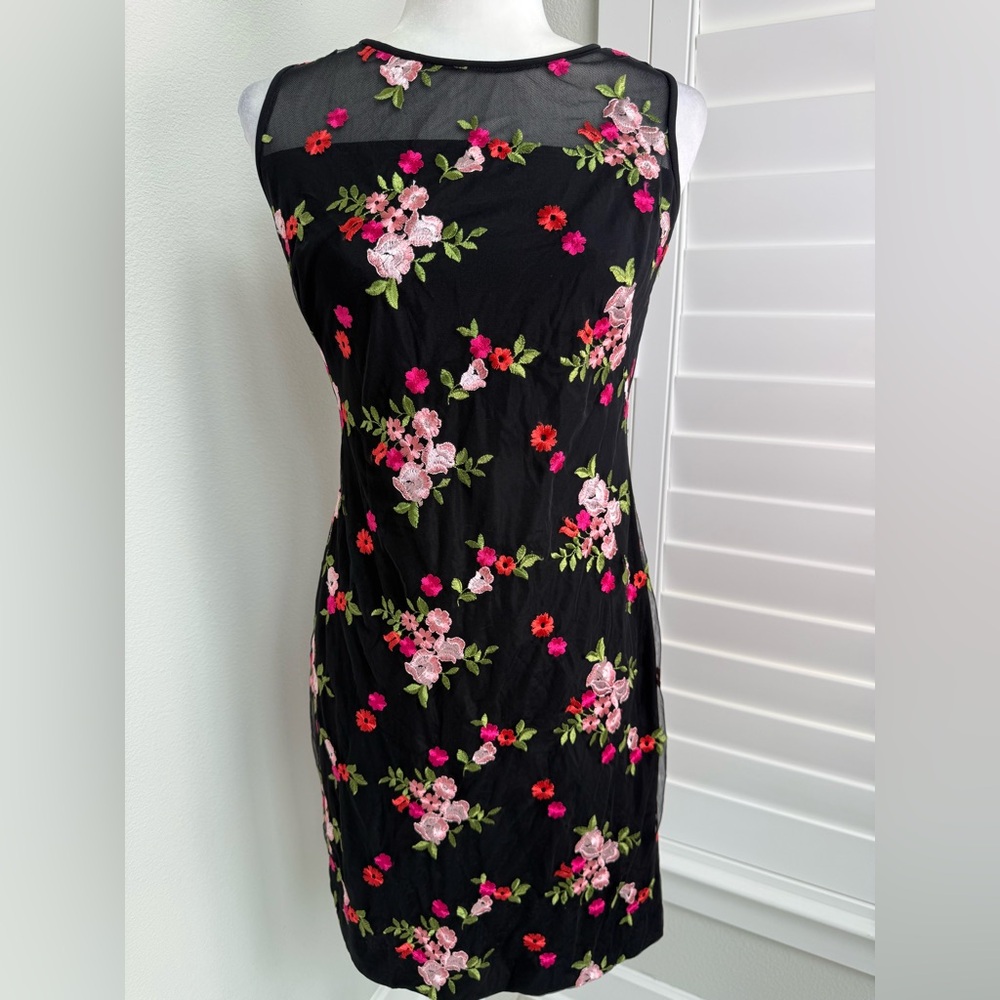 LAUREN by Ralph Lauren floral embroidered black Pink and Green dress size 2